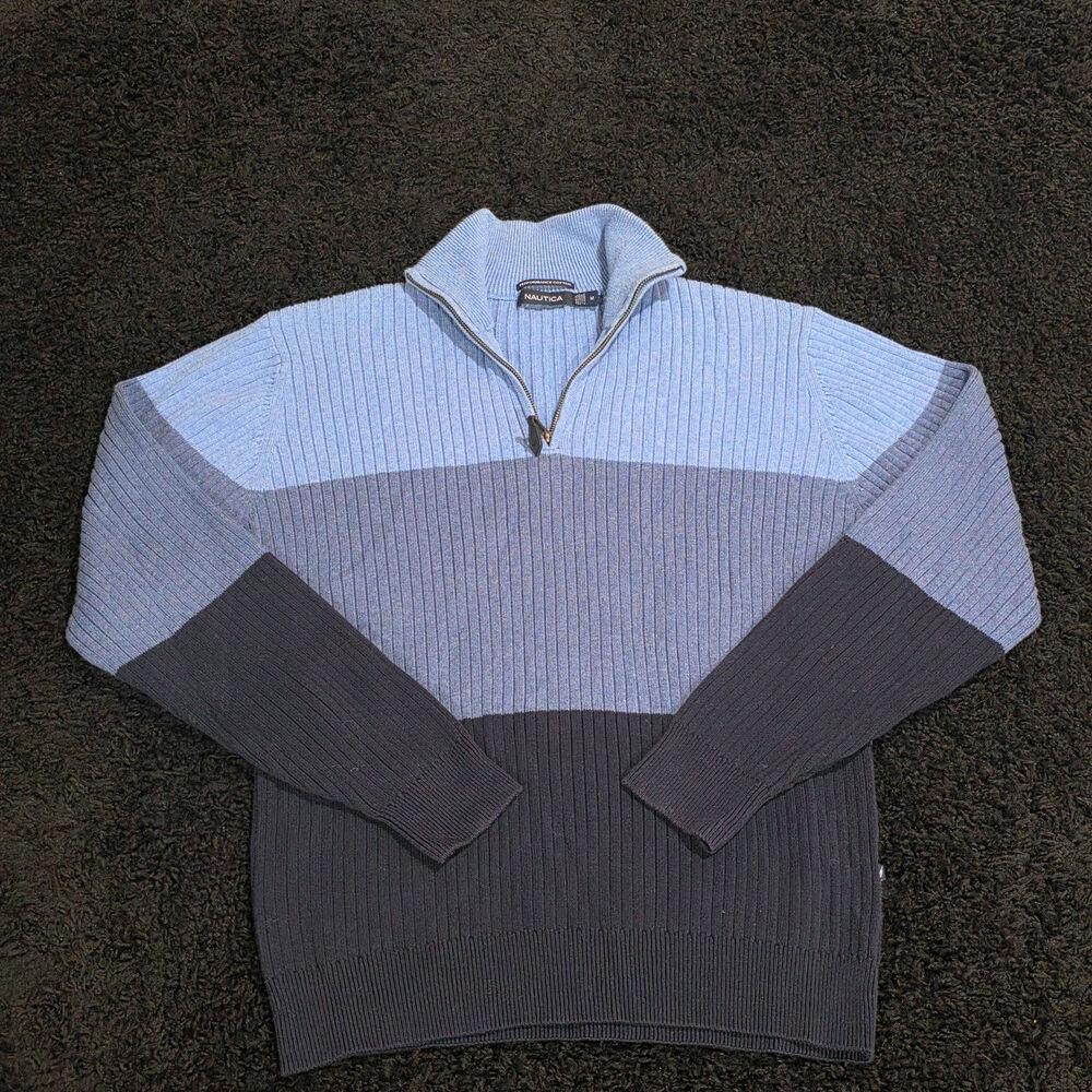 Y2K Nautica Vintage Blue Colorblock Preppy Quarter Zip Knit Pullover Sweater M